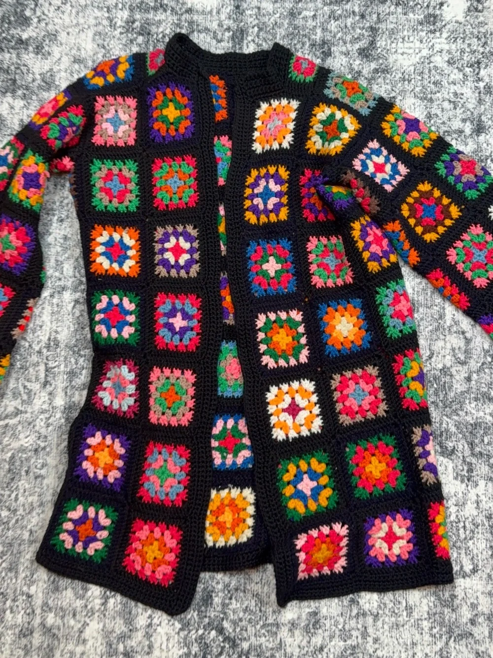 Boho Crochet Granny Square Cardigan - Black Multicolor